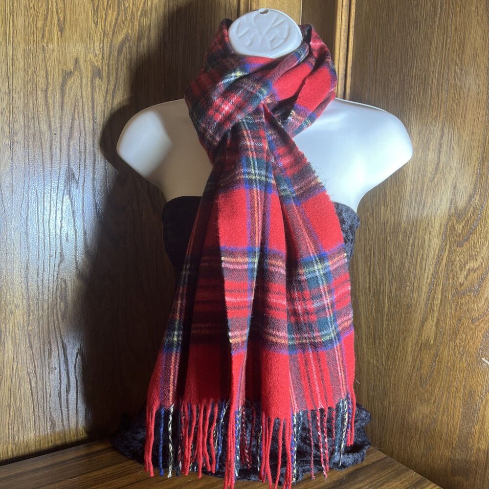 James Pringle Weavers 100% Wool Scarf Red Thomson Tartan Plaid Winter Fringe 72"